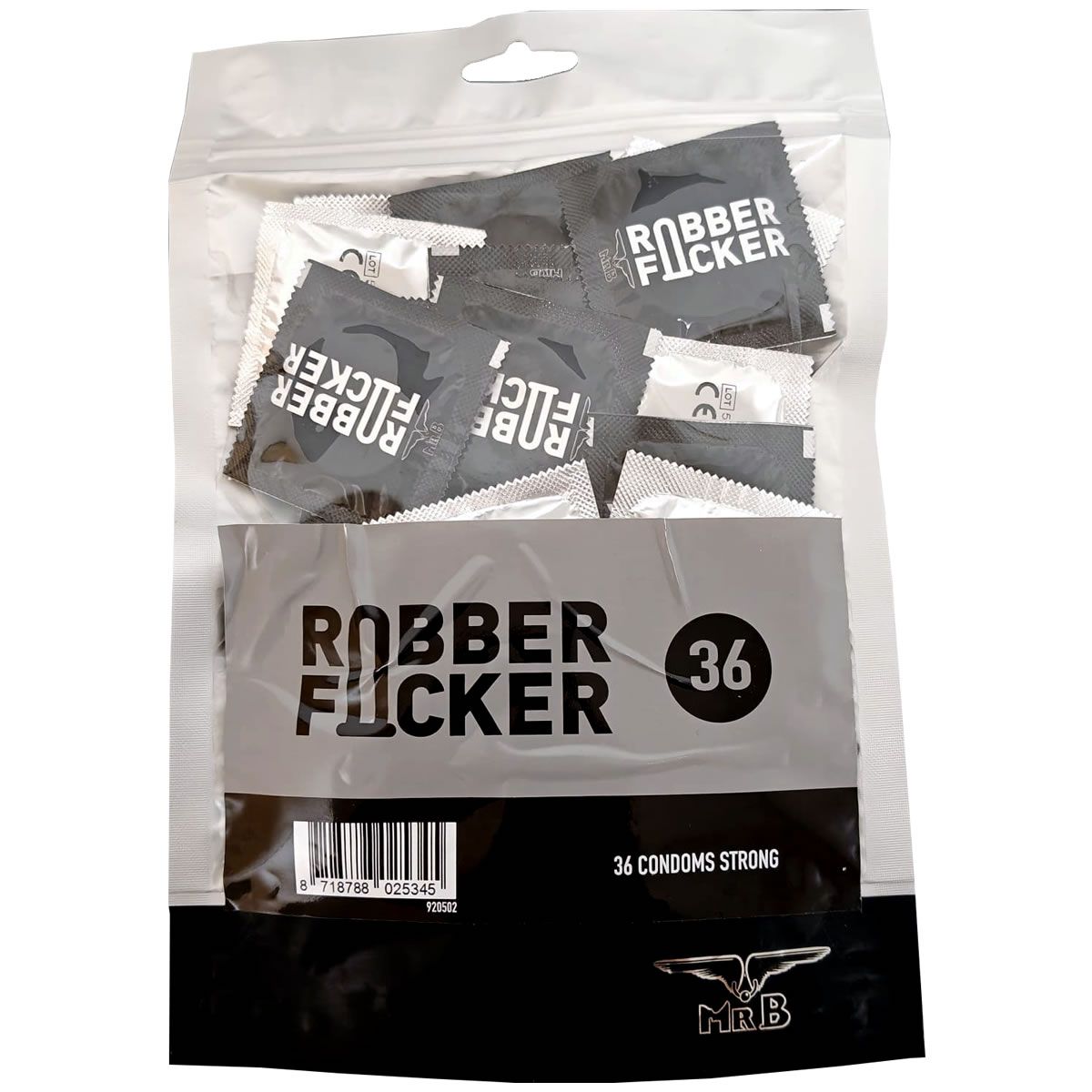 Verpackung mit Kondomen. Aufschrift "ROBBER FLICKER" und "36". Schwarze und weiße Einzelverpackungen. Marke MR B.