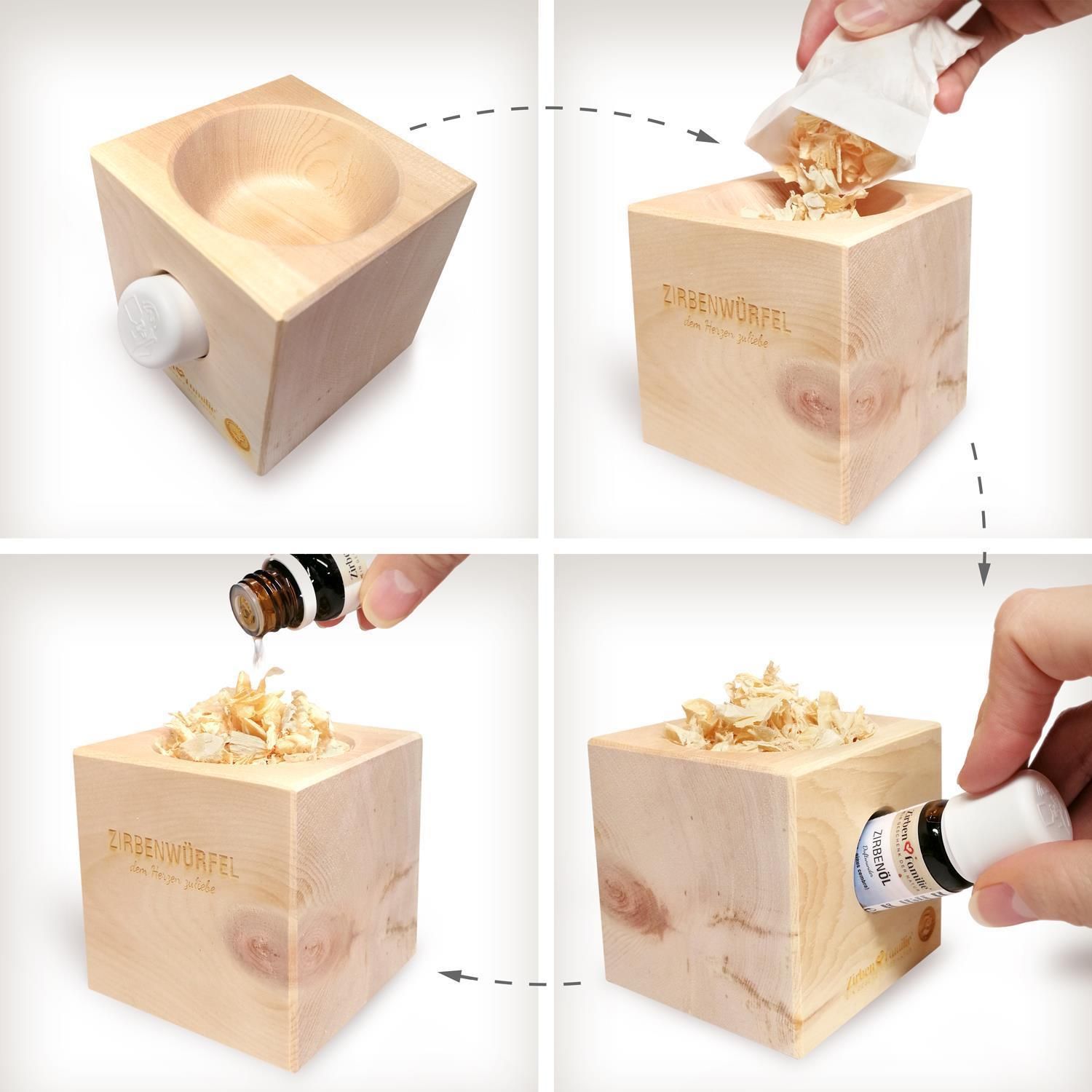 Holzwürfel mit Ölflasche und Holzspänen. Anwendungsbeispiele: Öl auf Späne träufeln, Flasche verstauen.