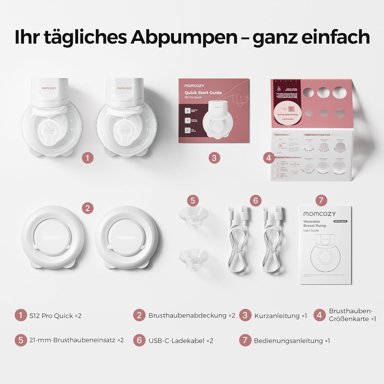Momcozy S12 Pro Quick Milchpumpen-Set mit Anleitung und Größenkarte.