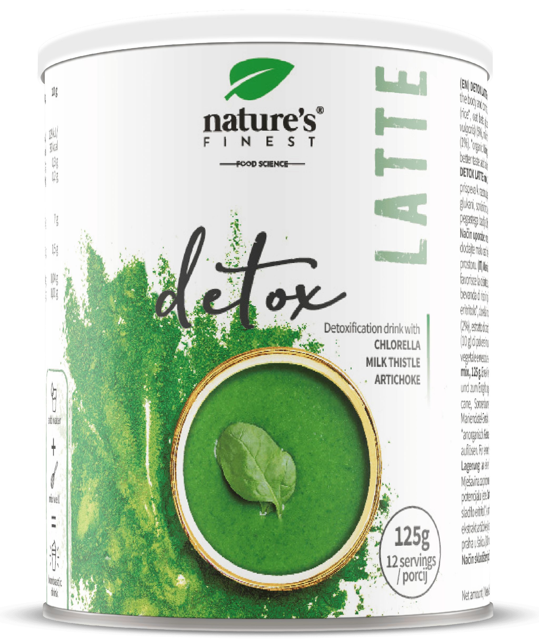 Weißes Dose mit grünem Aufdruck. Aufschrift: Nature's Finest Detox Latte. Abbildung einer grünen Flüssigkeit mit Blatt.