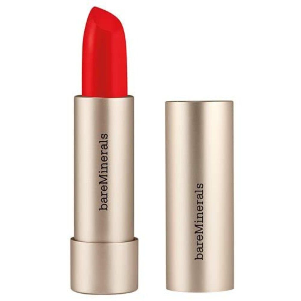 Roter Lippenstift, geöffnet. Goldfarbene Hülse mit Aufschrift bareMinerals. Lippenstiftstift sichtbar.