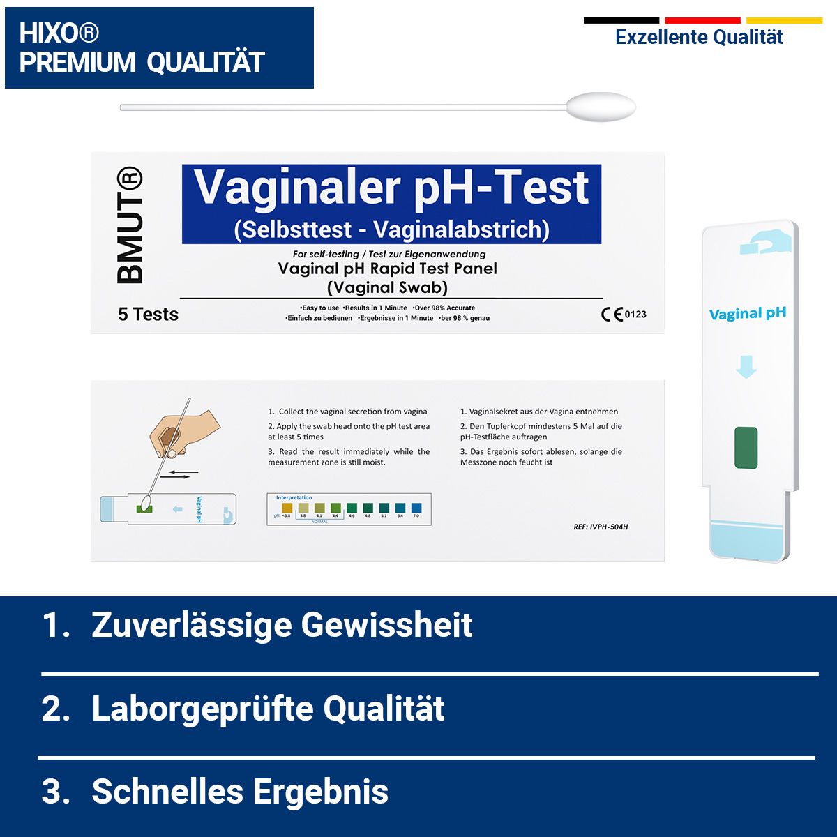 Verpackung mit BMUT Vaginaler pH-Test, 5 Tests, Teststreifen, Tupfer und Anleitung. Aufschrift: Vaginaler pH-Test (Selbsttest).