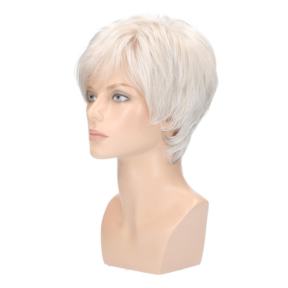 Perücke AMSTERDAM Comfort, Bergkristall, auf Büste. Kurze, helle Haare. Seitenansicht.