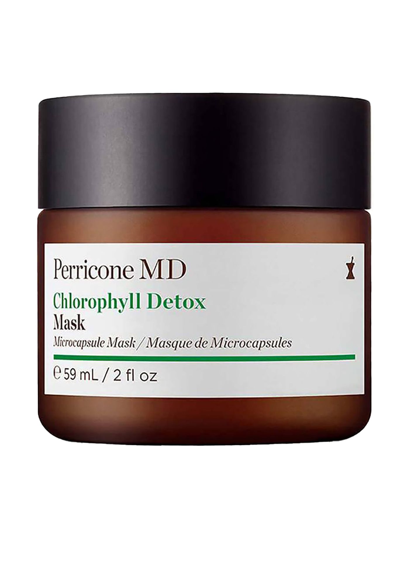 Braune Dose mit schwarzem Deckel. Aufschrift: Perricone MD Chlorophyll Detox Mask. Volumen: 59 ml / 2 fl oz.