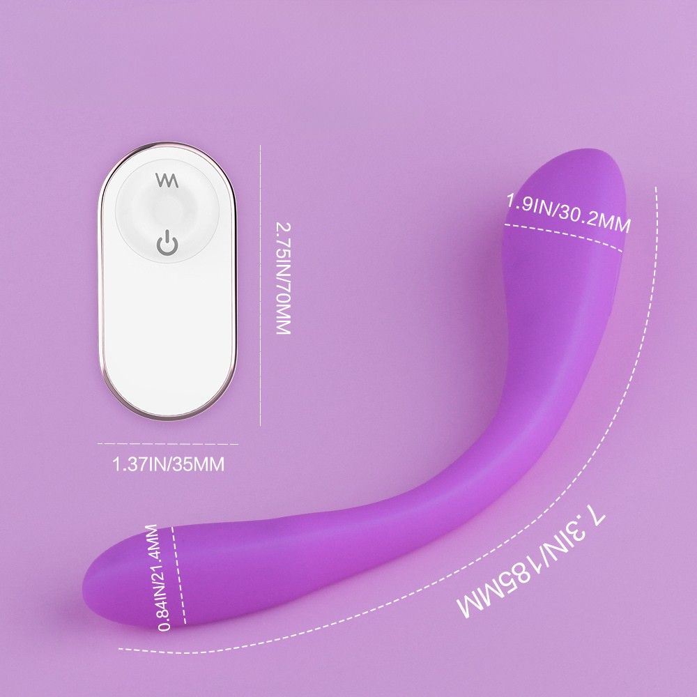 Lila Vibrator mit Fernbedienung. Abmessungen: 185mm lang, 30.2mm breit, 21.4mm dick.