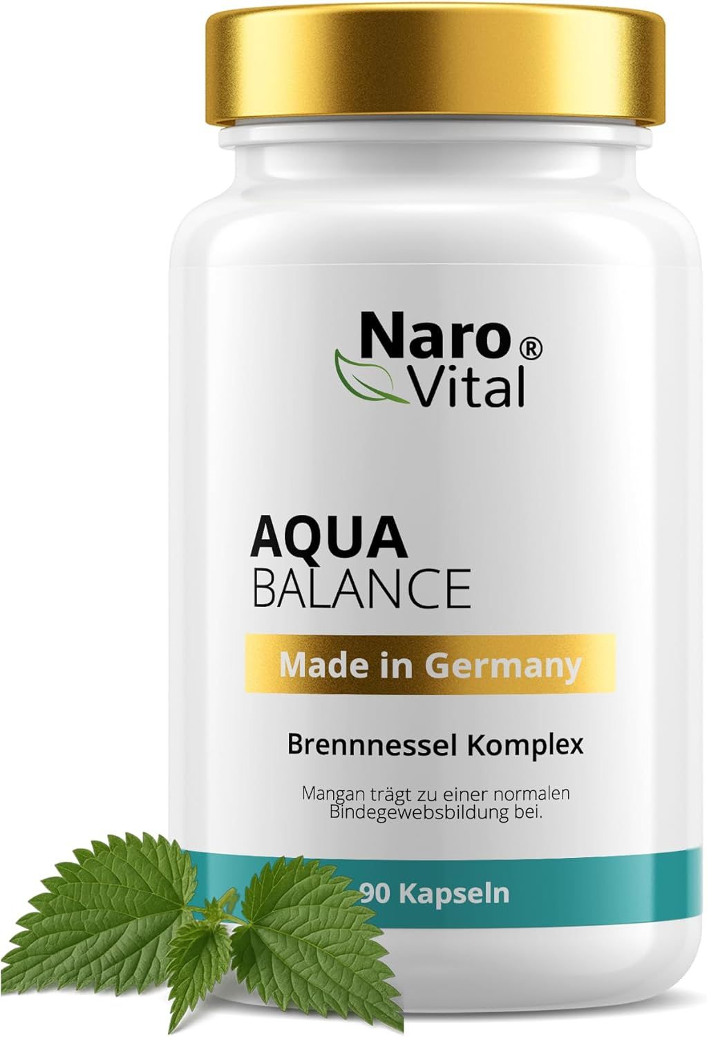 Weiße Kapsel-Dose mit goldenem Deckel. Aufschrift: NaroVital, Aqua Balance, Made in Germany, Brennnessel Komplex. 90 Kapseln. Brennnesselblatt.