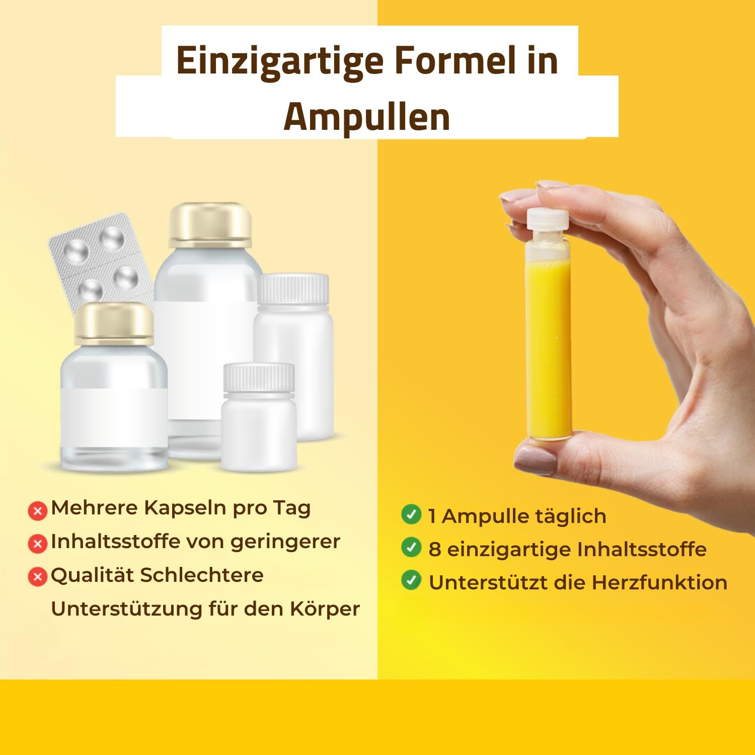 Vergleich von Kapseln und Ampullen. Eine Hand hält eine gelbe Ampulle. Daneben Kapseln und Flaschen.