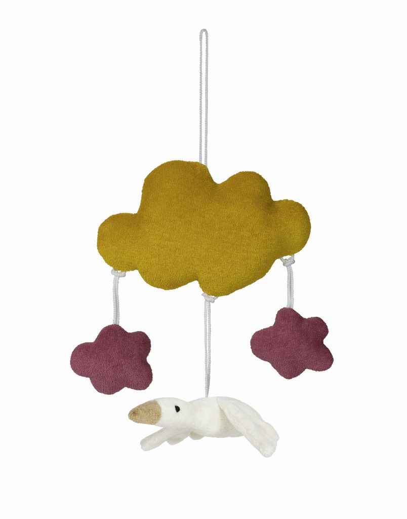 Mobile mit gelber Wolke, zwei rosa Wolken und weißer Gans. Aufhängung an weißem Faden.