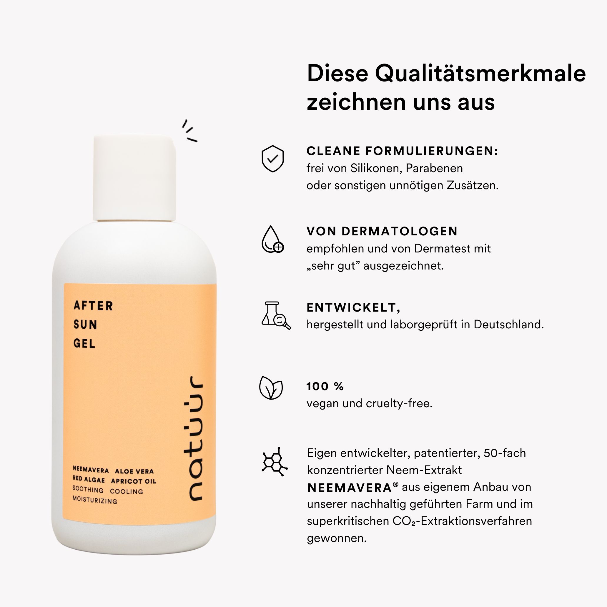 After Sun Gel Flasche mit Text. Text: Clean Formulierungen, von Dermatologen empfohlen, vegan, Neemavara.