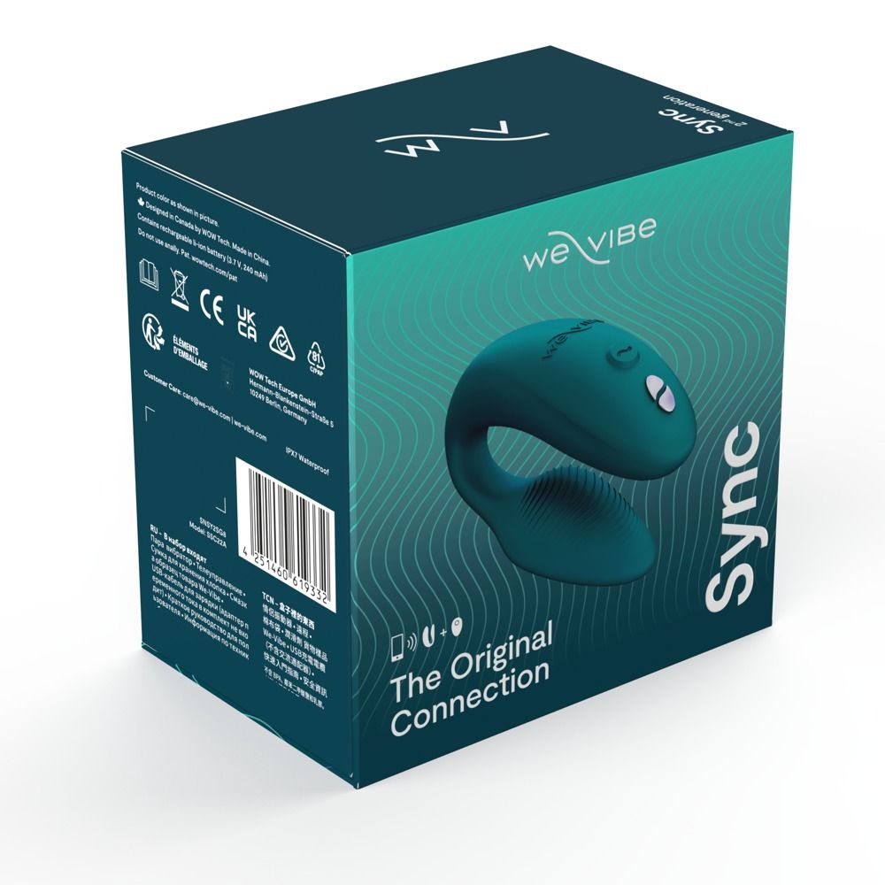 Verpackung des We-Vibe Sync2-Produkts. Grün-blaue Box mit Produktbild und Logo. Text: Sync, The Original Connection.