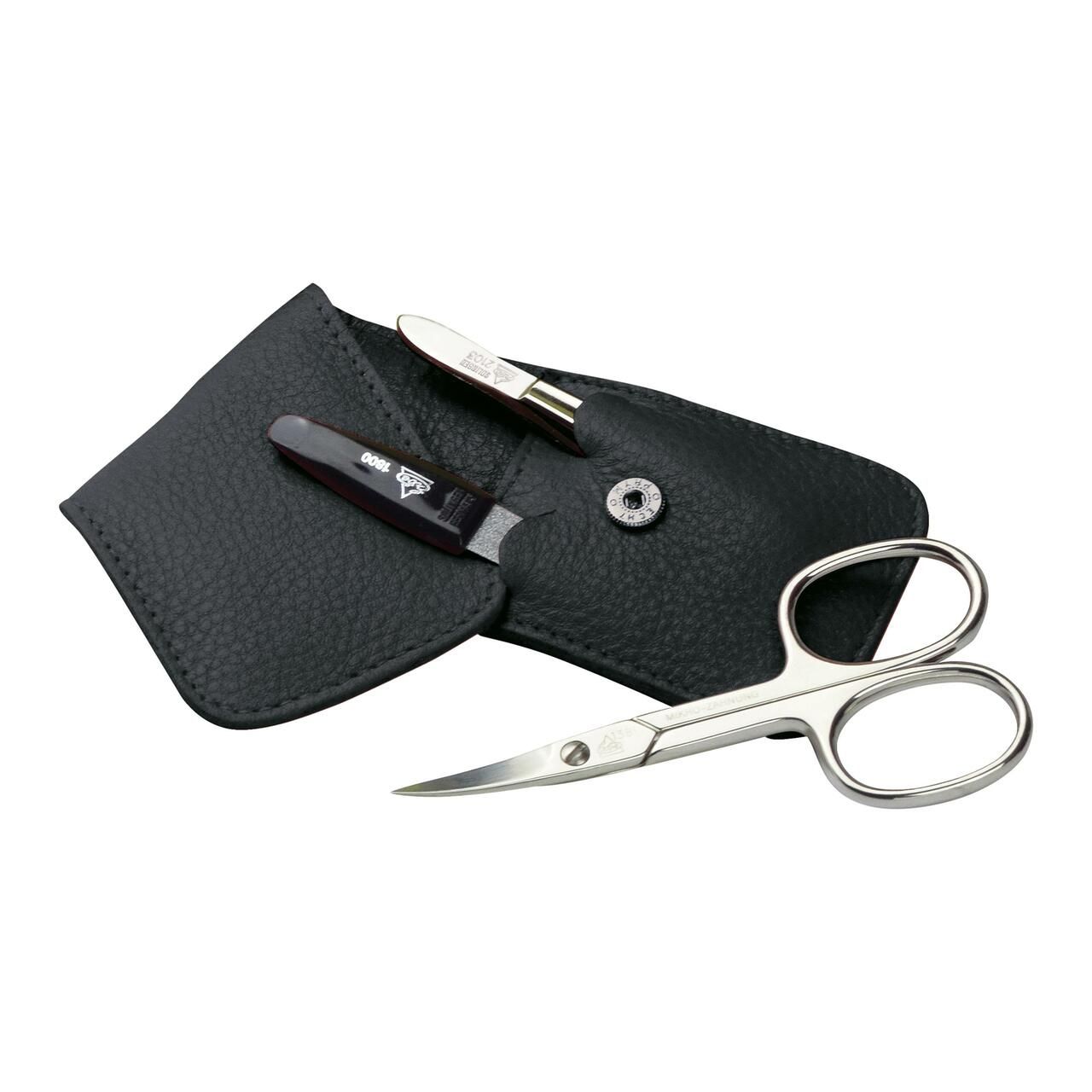 Schwarzes Etui mit Nagelschere, Nagelfeile und einem weiteren Instrument. Silberfarbene Details.