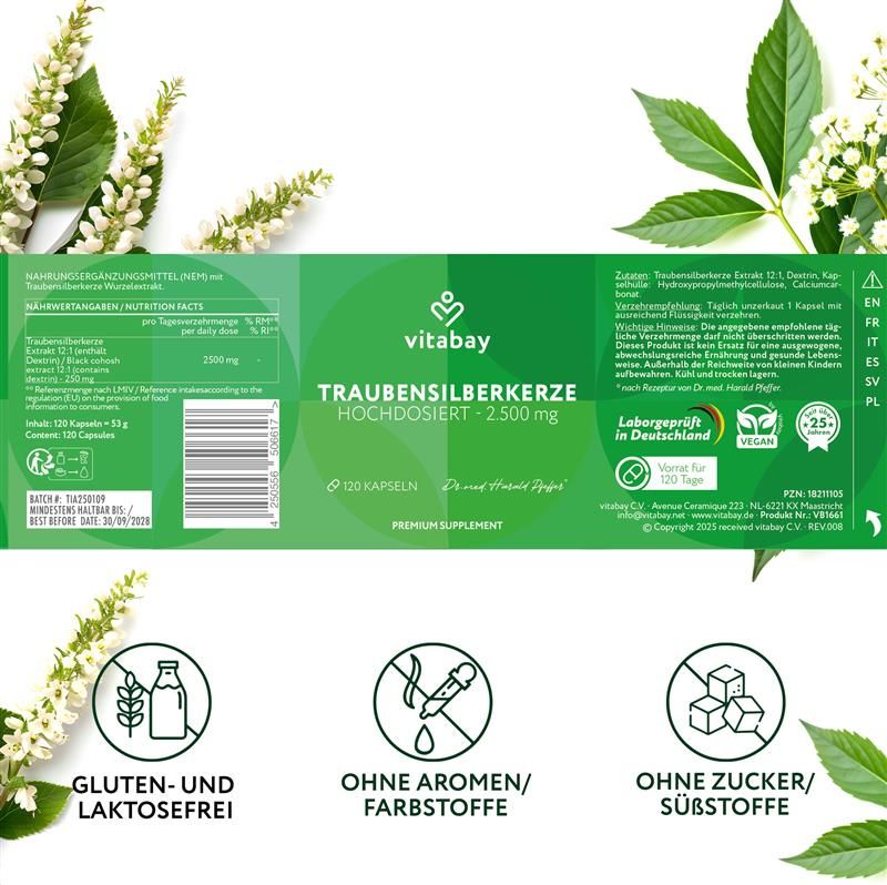 Rückseite einer Packung Vitabay Traubensilberkerze 2.500 mg. Enthält Informationen und Logos. Gluten- und laktosefrei, ohne Aromen/Farbstoffe, ohne Zucker/Süßstoffe.