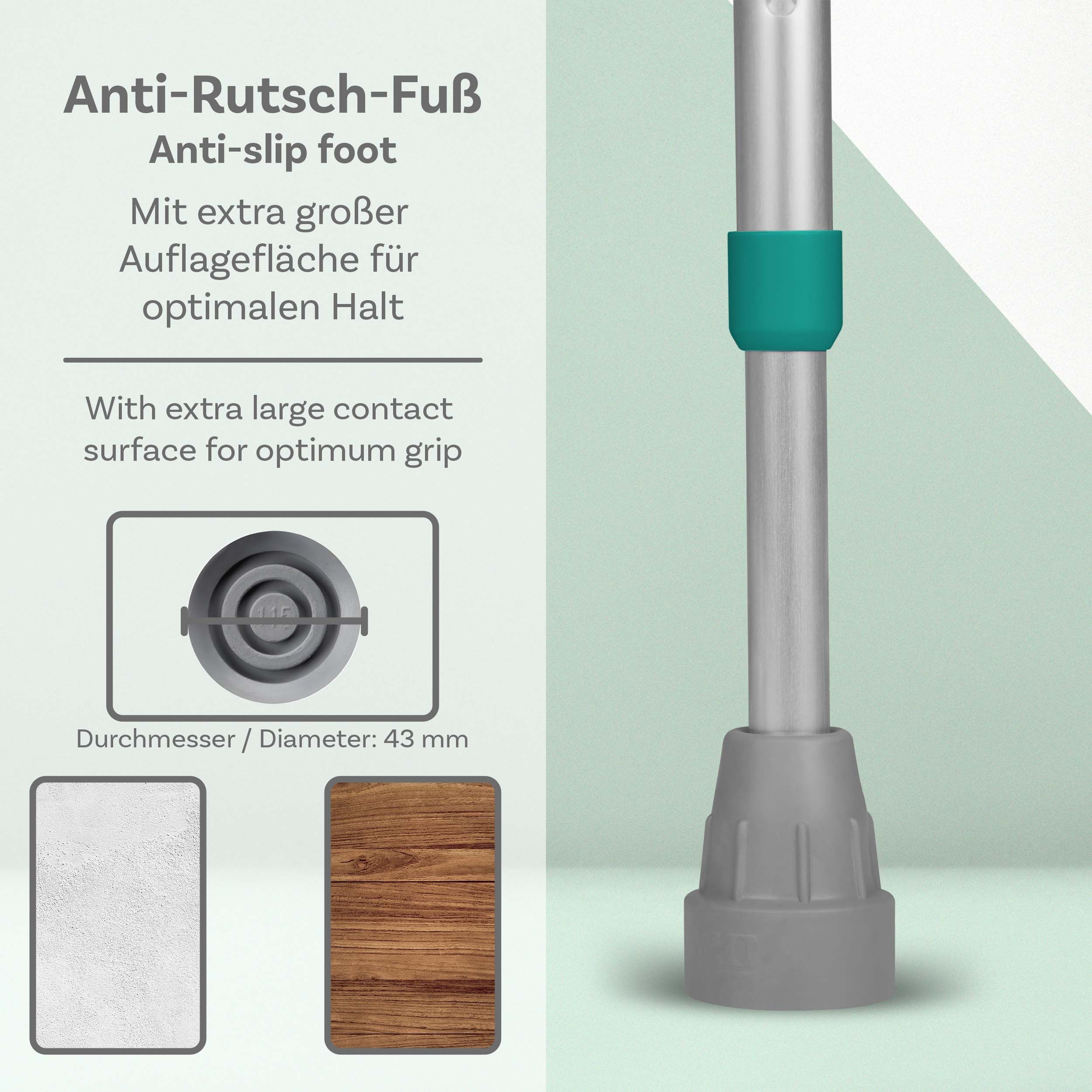 Detail der Unterarmgehstütze. Anti-Rutsch-Fuß mit großer Auflagefläche. Durchmesser 43 mm. Holz- und Stoffmuster.