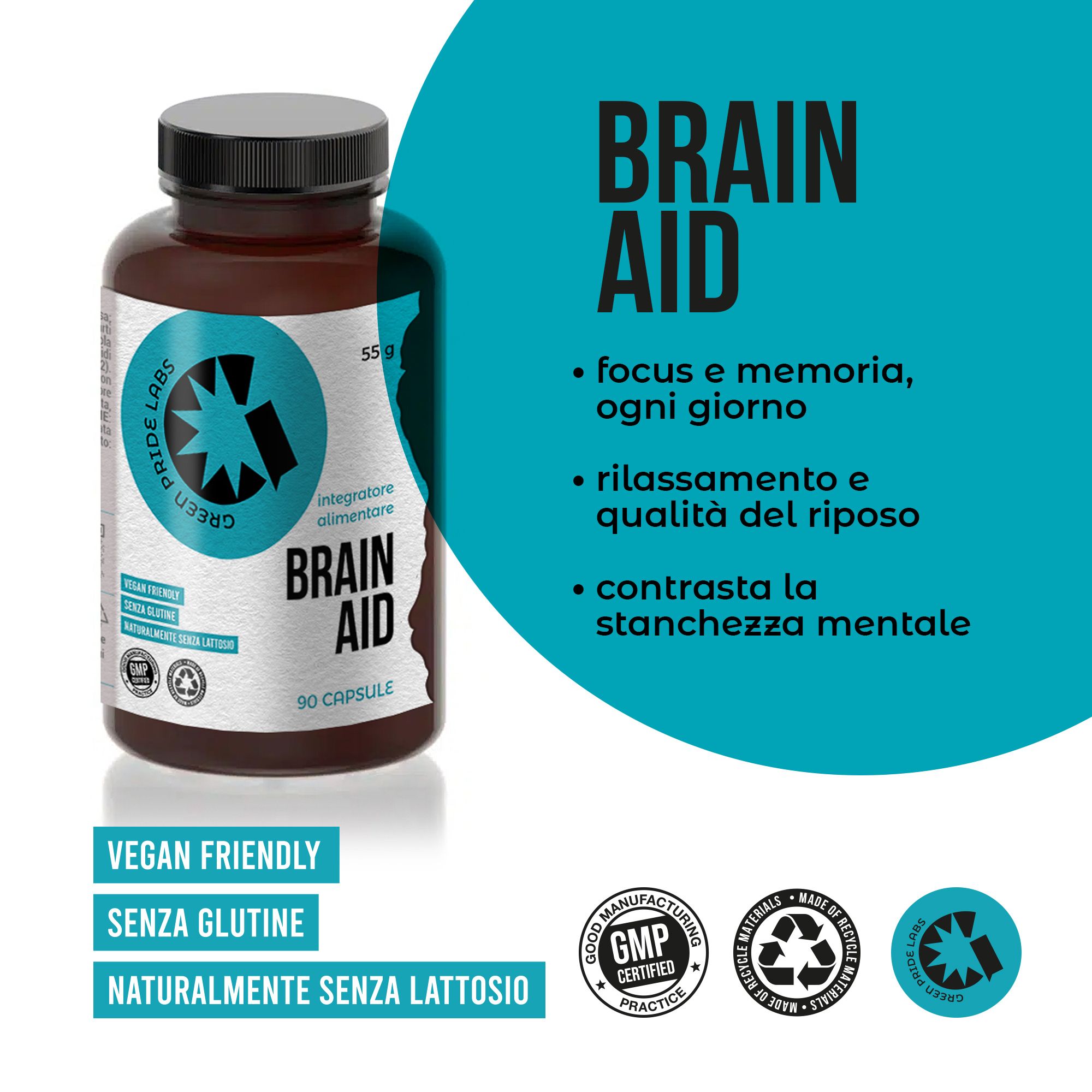 Braune Flasche mit "Brain Aid" Etikett, 90 Kapseln. Vegan, glutenfrei, laktosefrei.