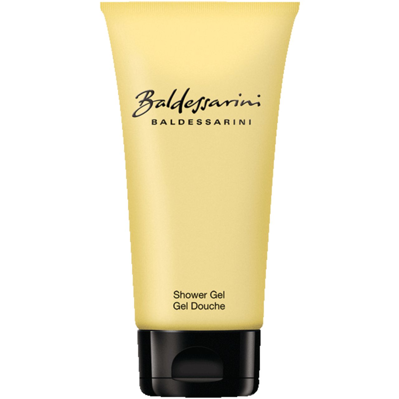 Gelbe Tube mit schwarzem Verschluss. Schriftzug Baldessarini. Aufschrift: Shower Gel, Gel Douche.