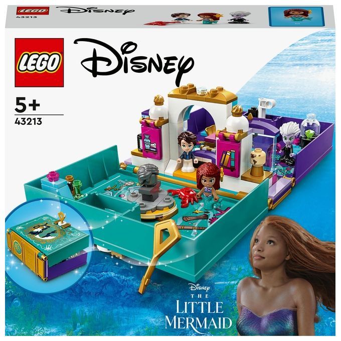 LEGO Disney Princess 43213 "Das kleine Meerjungfrau"-Spielset. Das Set enthält Mikro-Puppen von Ariel und Prinz Eric, sowie weitere Figuren. Die Verpackung zeigt das LEGO-Logo, Disney-Logo und Altersempfehlung 5+. Das Set ist in einer Box mit dem Titel "Das kleine Meerjungfrau" verpackt.