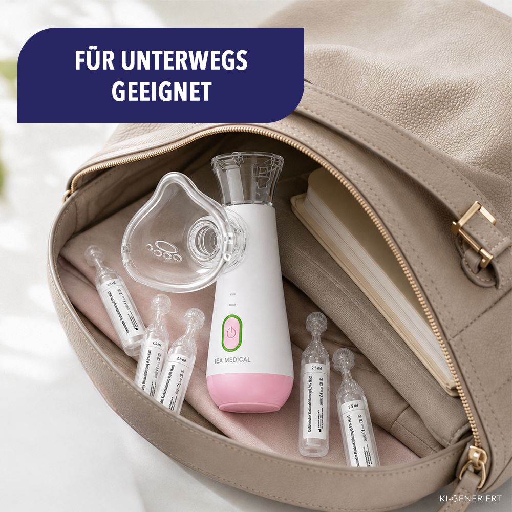 Ein weiß-pinker Vernebler mit Zubehör und Ampullen in einer offenen Tasche.