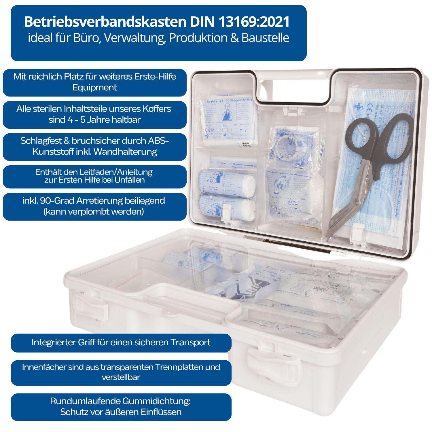Geöffneter Erste-Hilfe-Koffer mit Inhalt. Enthält Verbandsmaterial, Schere und weitere Utensilien.