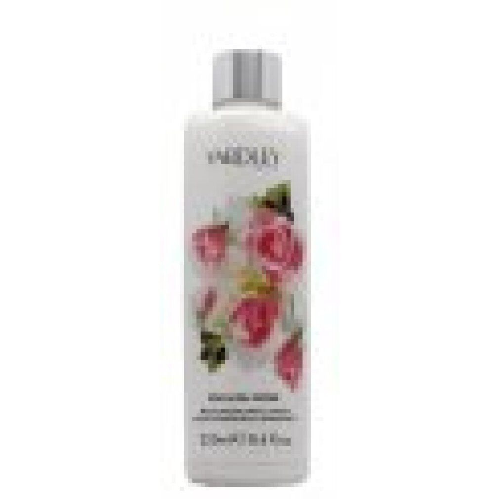 Flasche mit Yardley English Rose Body Lotion. Rosen-Dekor. Silberner Deckel. Text: English Rose, Moisturising Body Lotion.