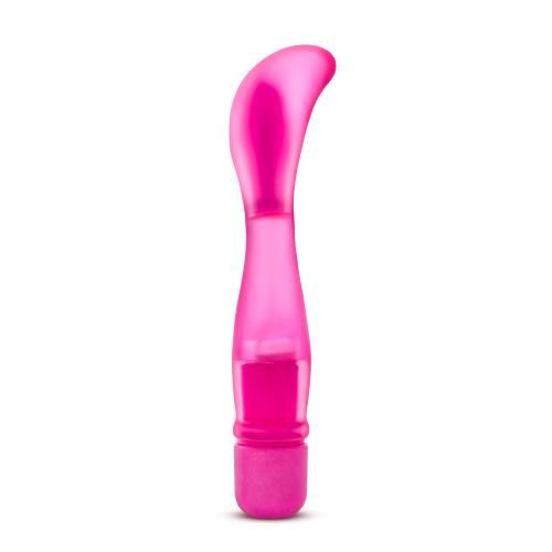 Rosa Vibrator. Ergonomisch geformt, mit gebogener Spitze und zylindrischem Griff. Aus transparentem Material.