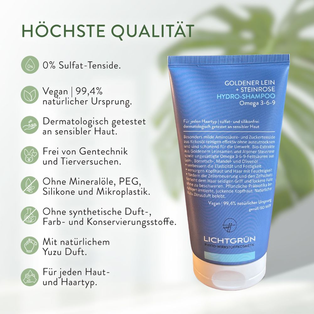 Blauer Tube Hydro-Shampoo mit Logos und Text. Enthält Informationen zu Inhaltsstoffen und Eigenschaften.