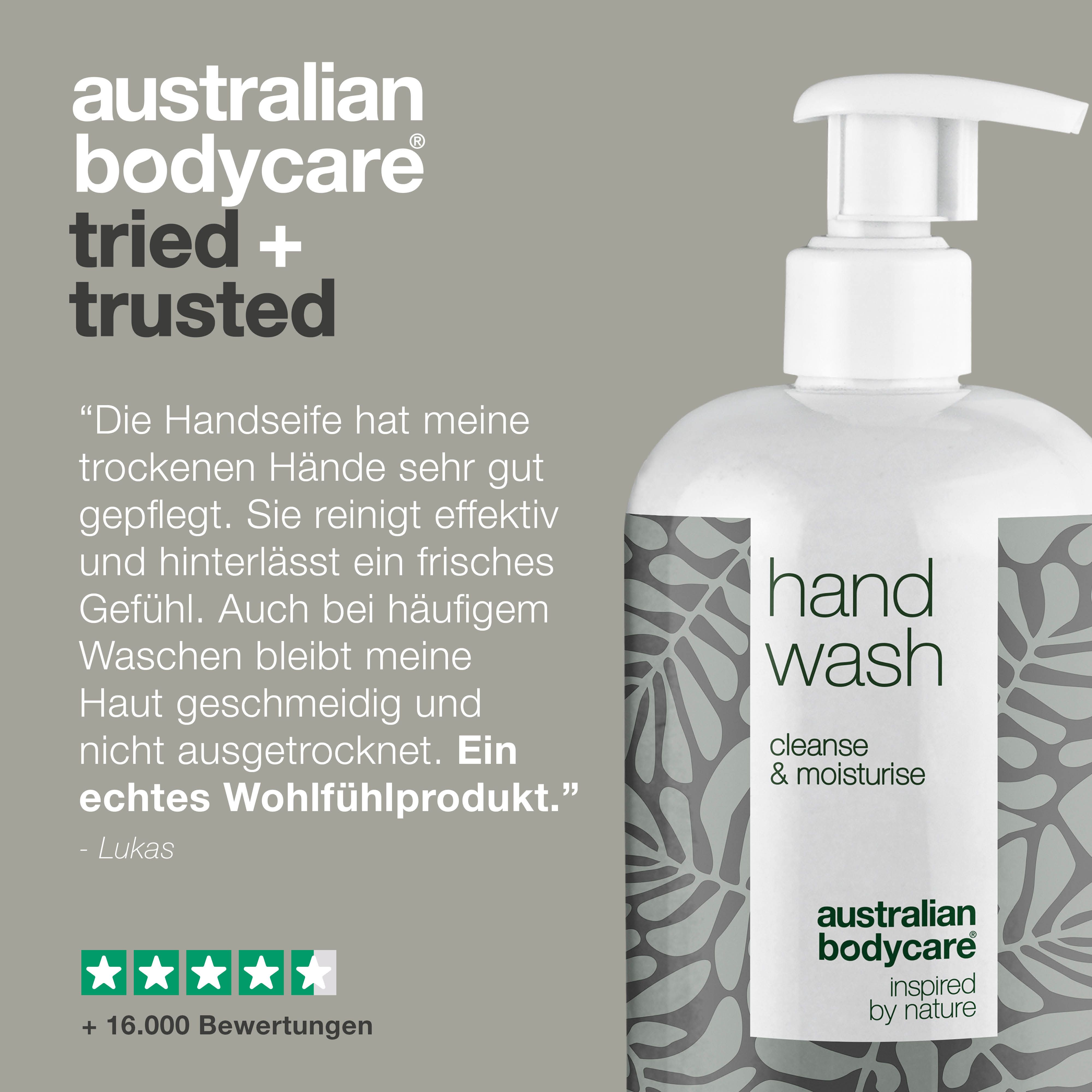 Handseifenflasche. Aufschrift: Hand Wash, cleanse & moisturise. Logo: Australian Bodycare. Zitat und Sterne.