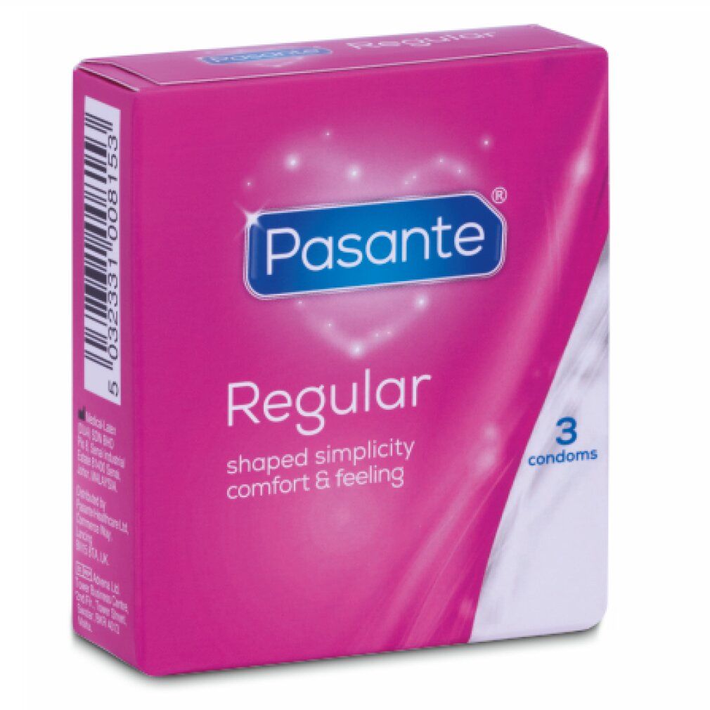 Rosa Schachtel mit Pasante Regular Kondomen. Enthält 3 Kondome. Text: shaped simplicity comfort & feeling.