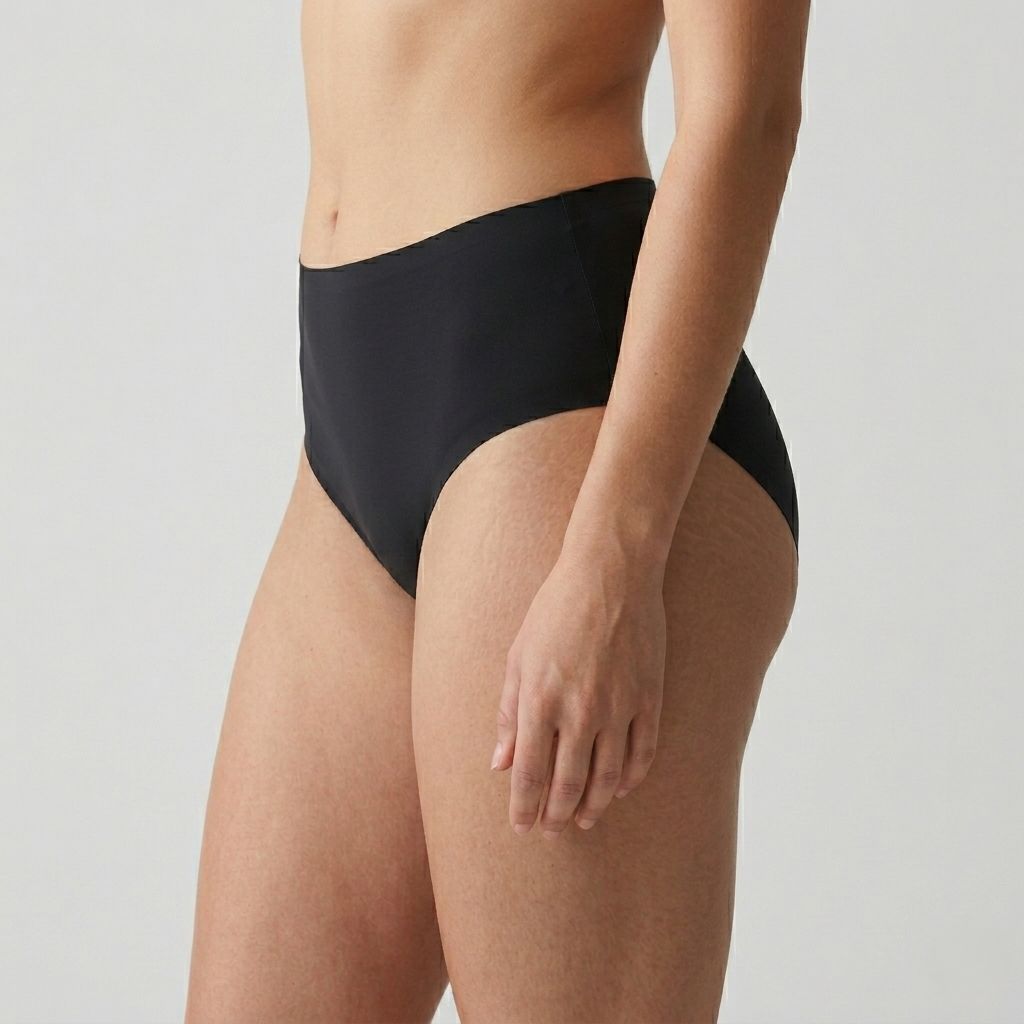 Schwarze Periodenunterhose, seitliche Ansicht. Hoher Bund, glatter Stoff. Angedeutete Beinabschlüsse.