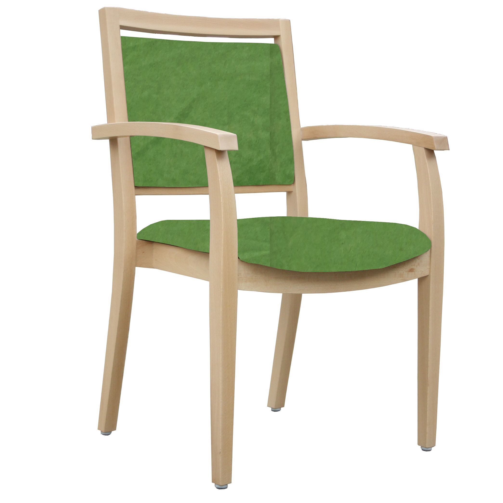 Seniorenstuhl mit Armlehnen. Holzrahmen, grüne Sitz- und Rückenfläche. Frontansicht.
