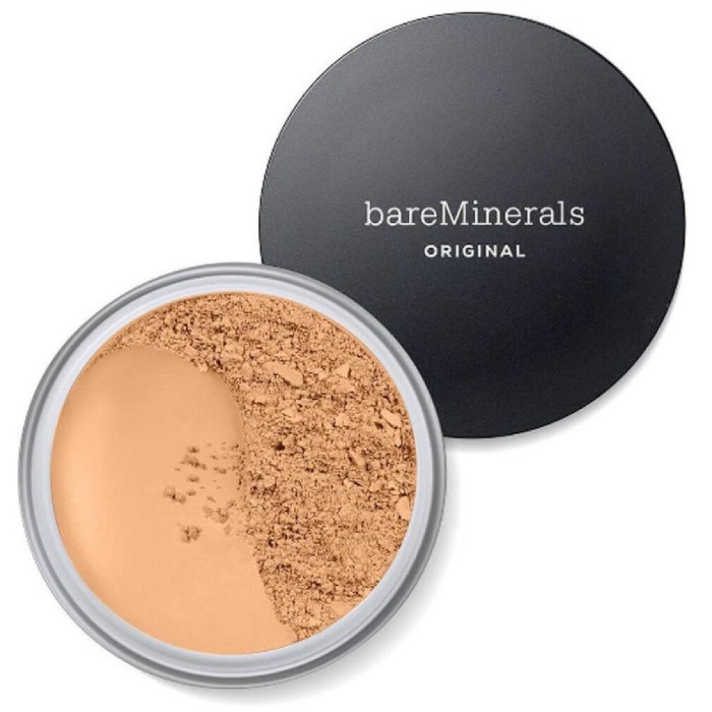 Offene Dose BareMinerals Original Foundation. Deckel daneben. Text: bareMinerals ORIGINAL. Helles Puder. Dose aus transparentem Kunststoff.