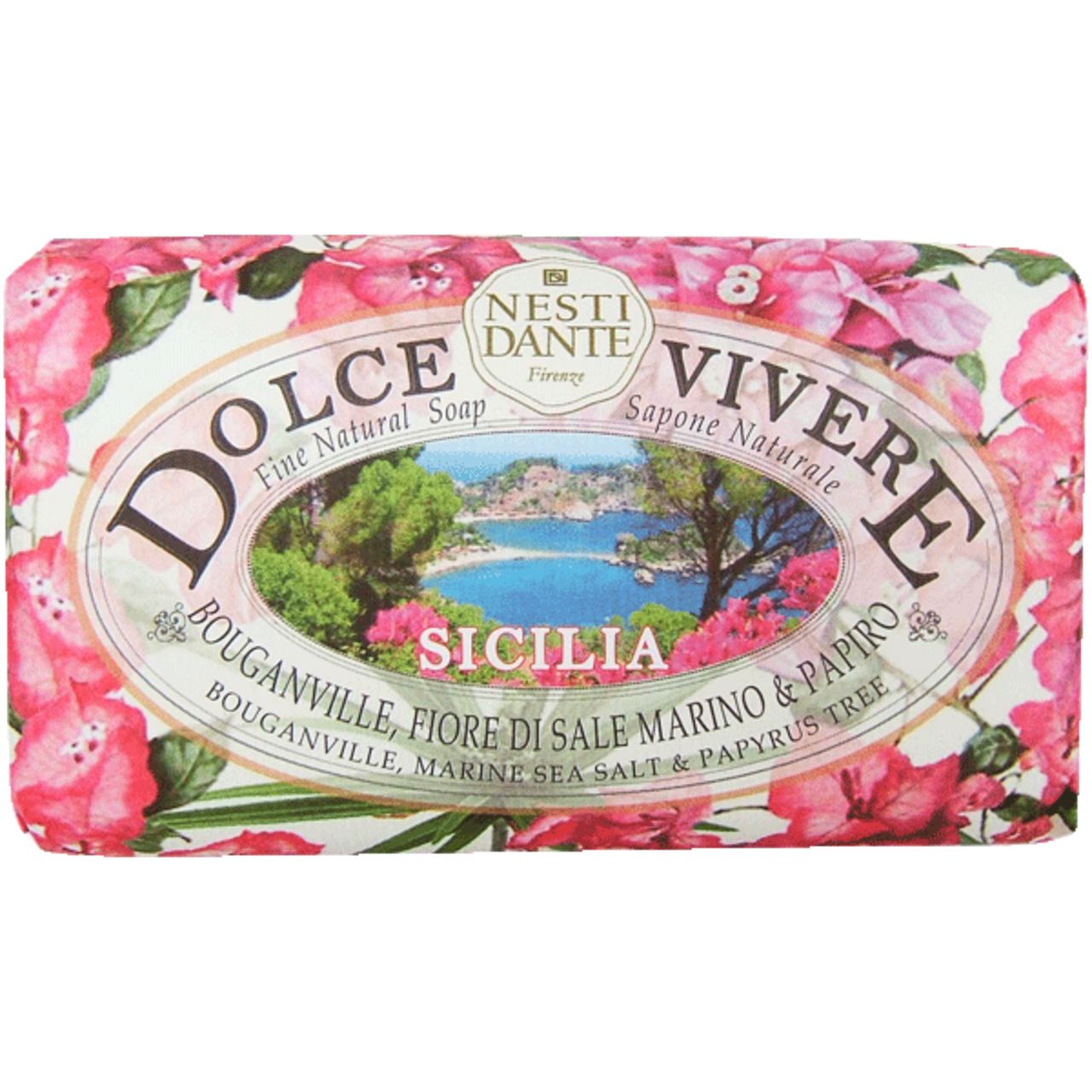 Sapone con design floreale e paesaggio. Testo: Dolce Vivere, Sicilia, Bougainville, Fiore di Sale Marino & Papiro.