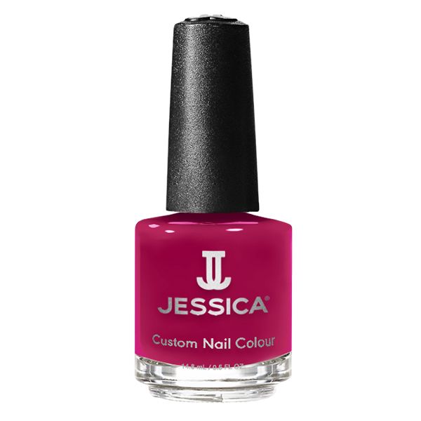 Nagellackflasche mit schwarzem Deckel. Aufschrift: JESSICA Custom Nail Colour. Farbe: Pink.