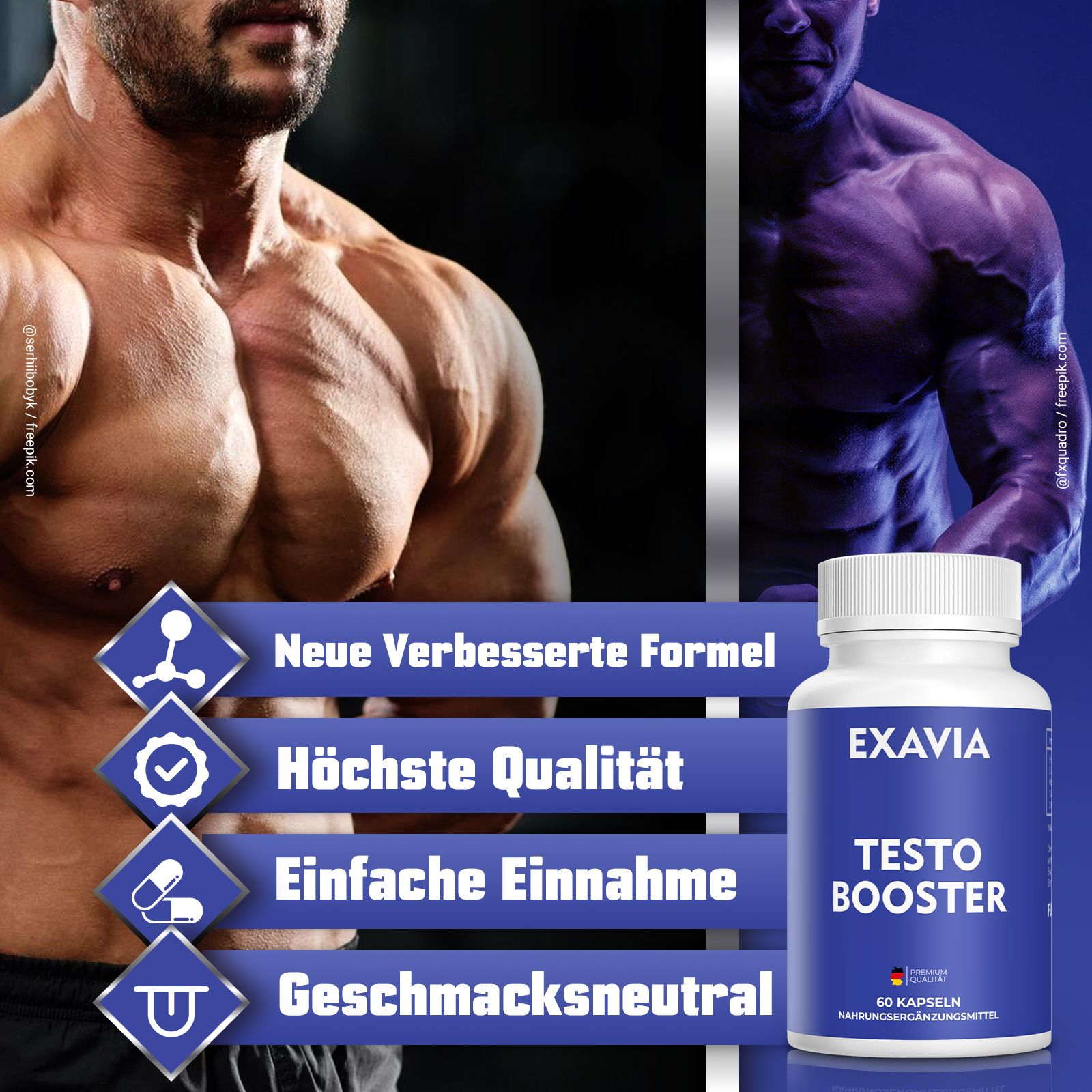 Weiße Flasche mit blauem Etikett. Aufschrift: EXAVIA, TESTO BOOSTER. Enthält 60 Kapseln. Deutsche Herstellung.