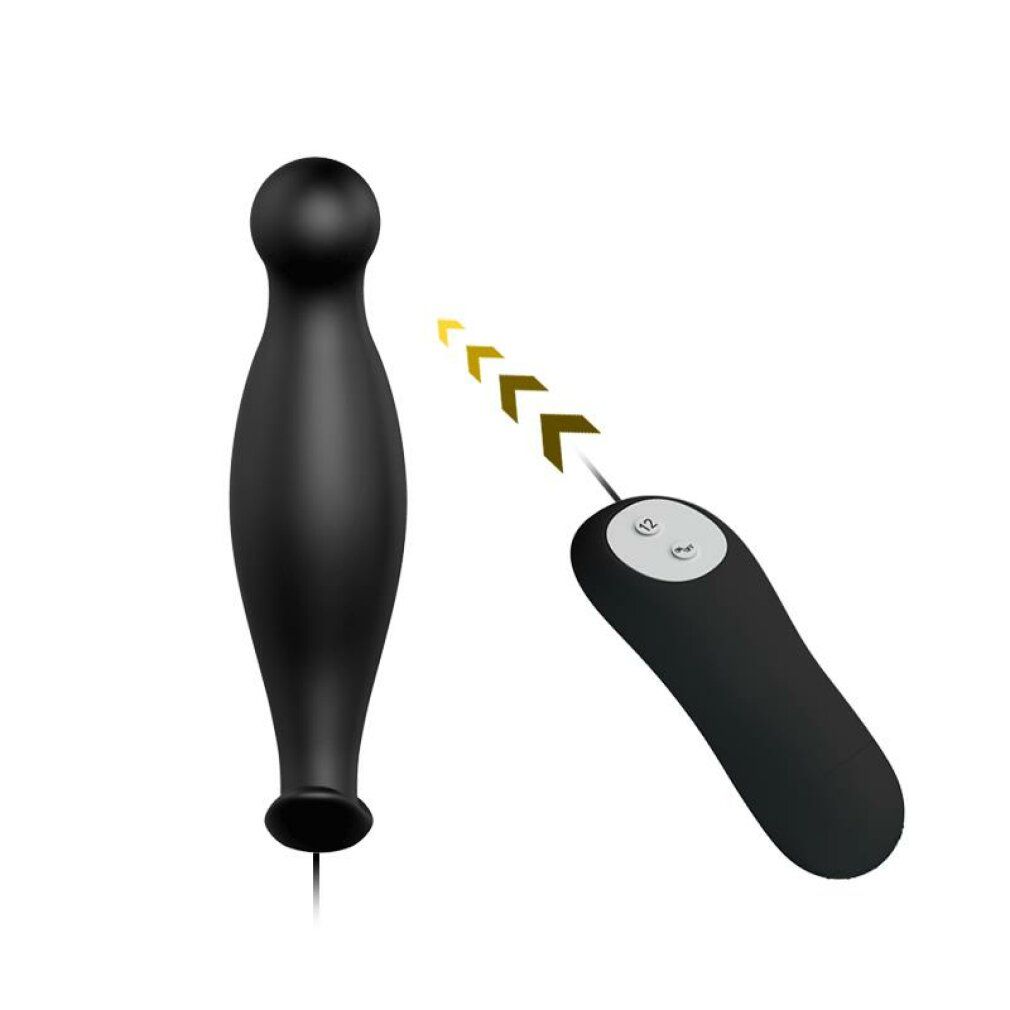 Schwarzer Anus-Plug mit Fernbedienung. Der Plug hat eine runde Spitze und eine längliche Form. Kabelverbindung.