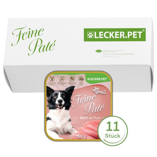 Verpackung mit 11 x 150 g Hundefutter. Einzelpackung mit Hundefoto und Text: Feine Paté, Reich an Pute. LECKER.PET Logo.