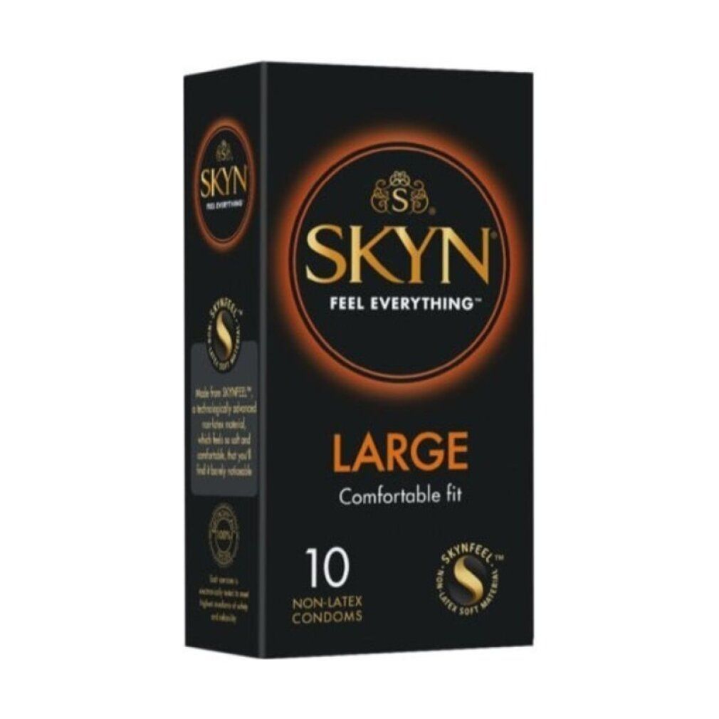Schwarze Schachtel mit Kondomen. Aufschrift: SKYN, LARGE, 10 Stück. Nicht-Latex-Kondome.