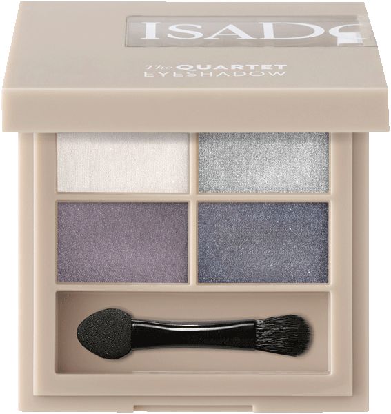 Lidschatten-Quartett mit vier Farben und Applikator. Beige Verpackung mit Produktnamen. Farben: Weiß, Silber, Lila, Blau-Grau.