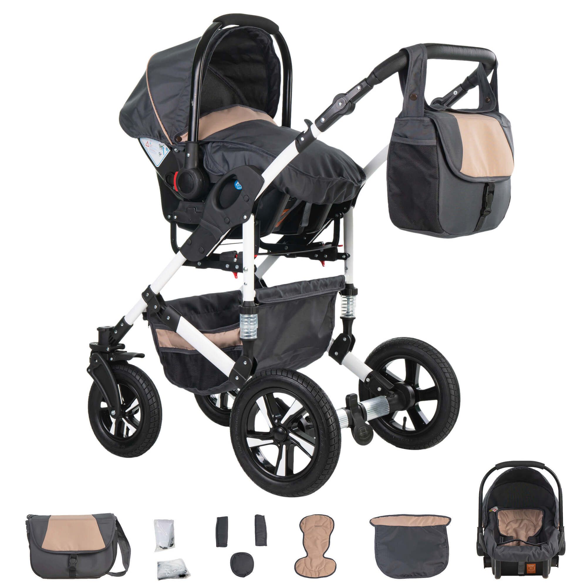 Friedrich Hugo Hamburg 4 in 1 Kinderwagen Komplettset ISOFIX Basis Luftreifen, Grey & Beige
