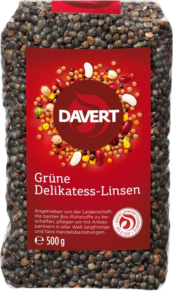 Packung Davert Grüne Delikatess-Linsen, 500g. Enthält verschiedene Linsen und Bohnen.