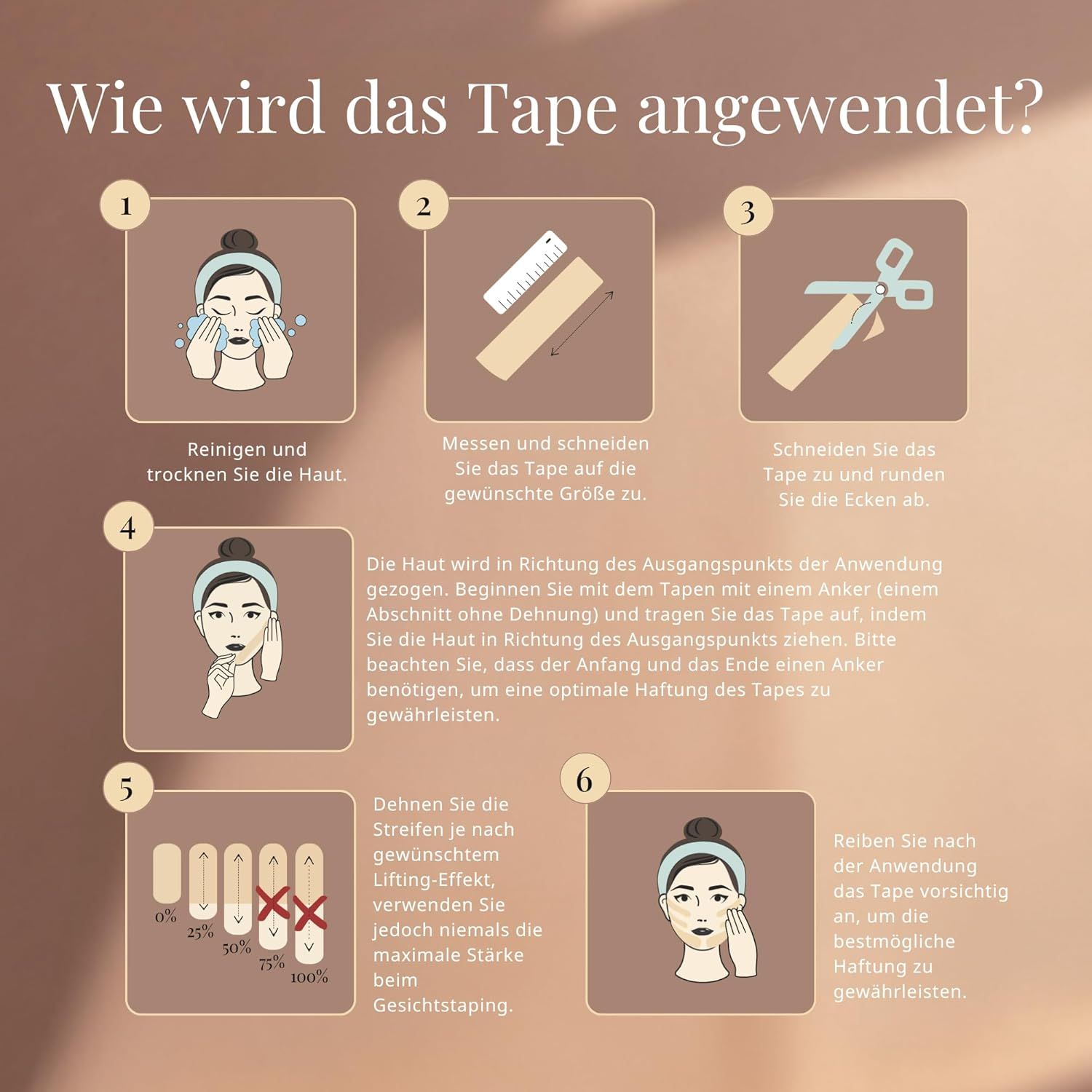 Schritt-für-Schritt-Anleitung zur Anwendung von Kinesio Tape im Gesicht.