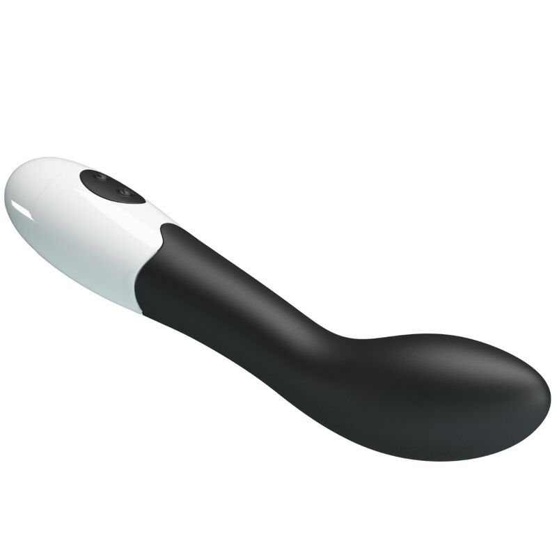 Schwarz-weißer Vibrator mit gebogener Form. Zwei Knöpfe an der Basis.