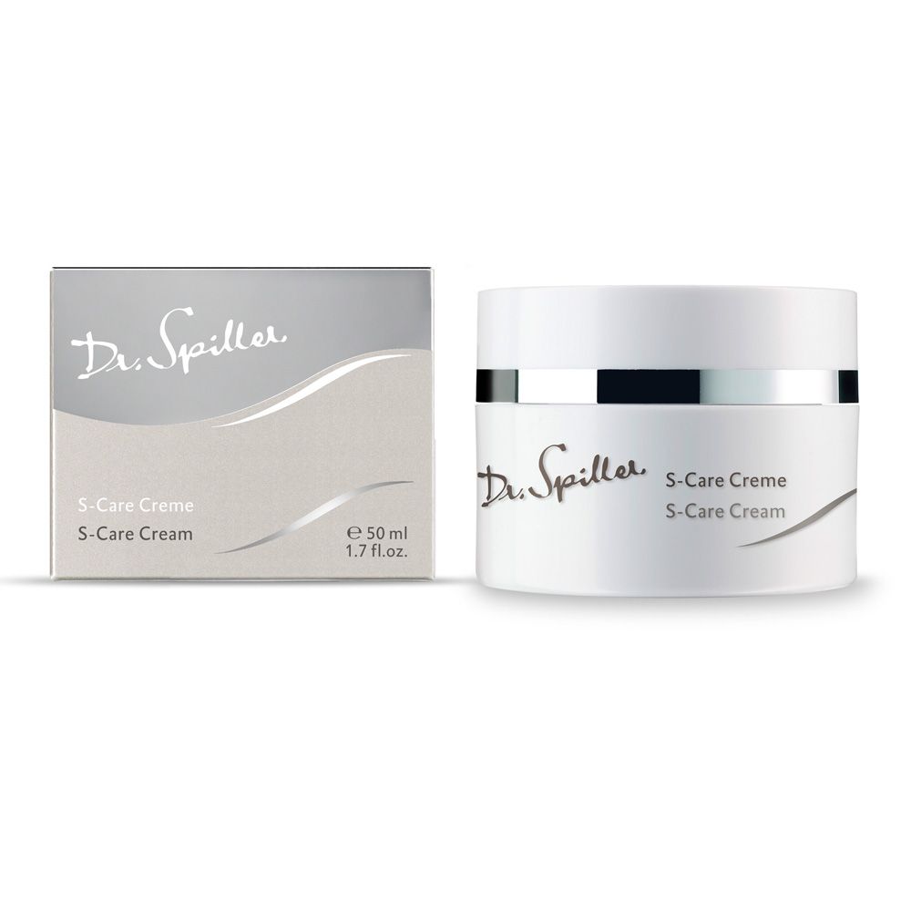 Creme-Tiegel und Schachtel. Aufschrift: Dr. Spiller, S-Care Creme. Weiße Verpackung mit silbernen Akzenten. Auf der Schachtel: 50 ml.
