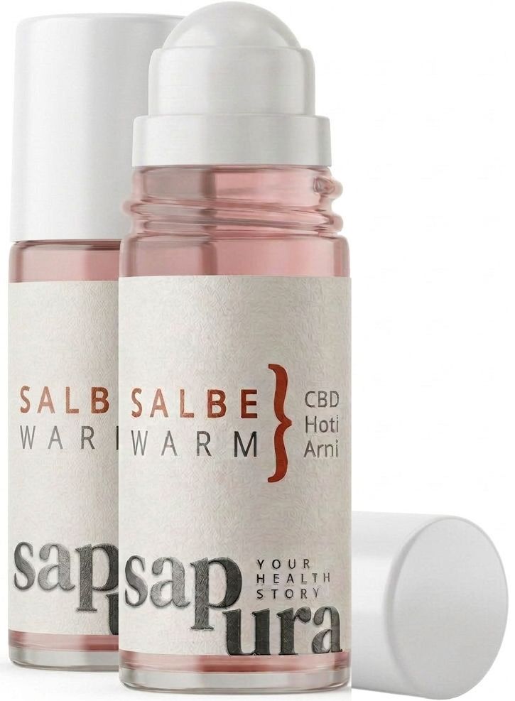 Zwei Roll-on-Flaschen mit Wärmesalbe. Beschriftung: Wärmesalbe, CBD, Hoti, Arni. Marke: sapura. Ein Deckel liegt daneben.
