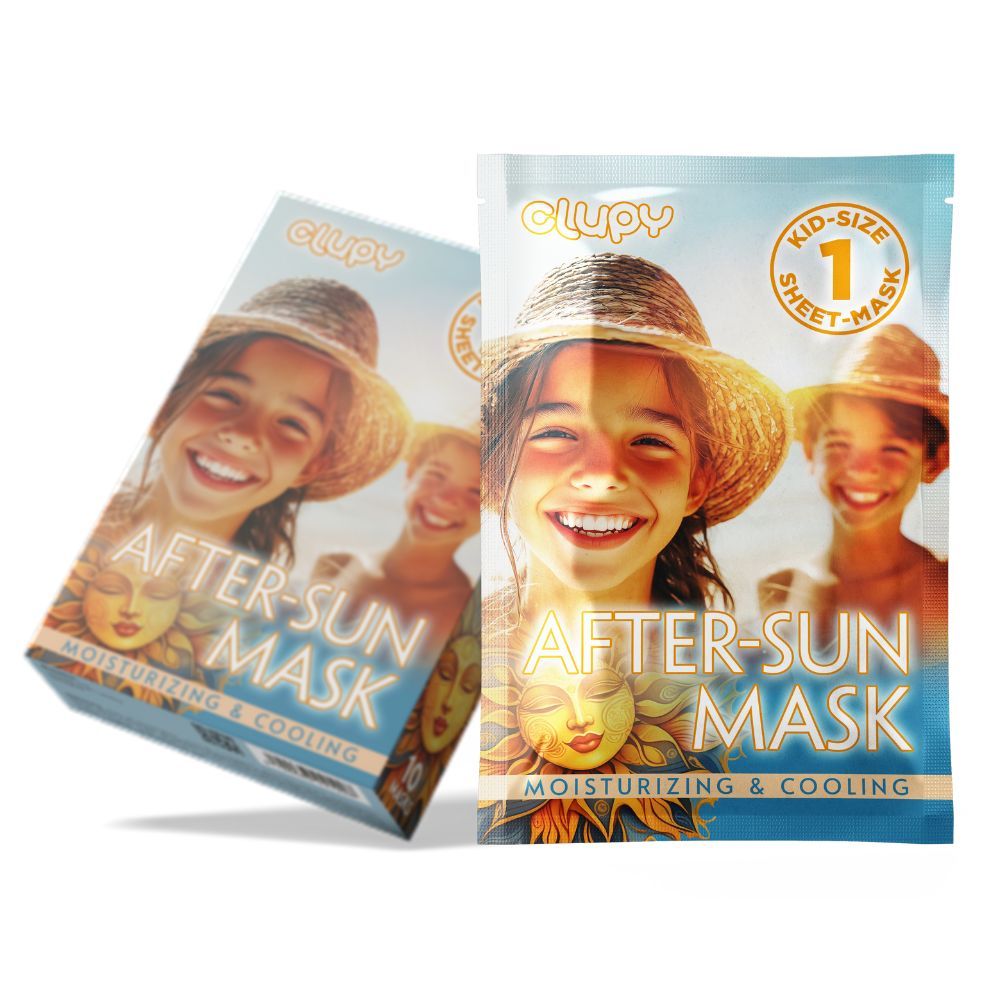Produktverpackung und Schachtel mit After-Sun Maske für Kinder. Aufdruck: Clupy, After-Sun Mask, 1 Sheet-Mask. Abbildung: Kinder mit Sonnenhut.