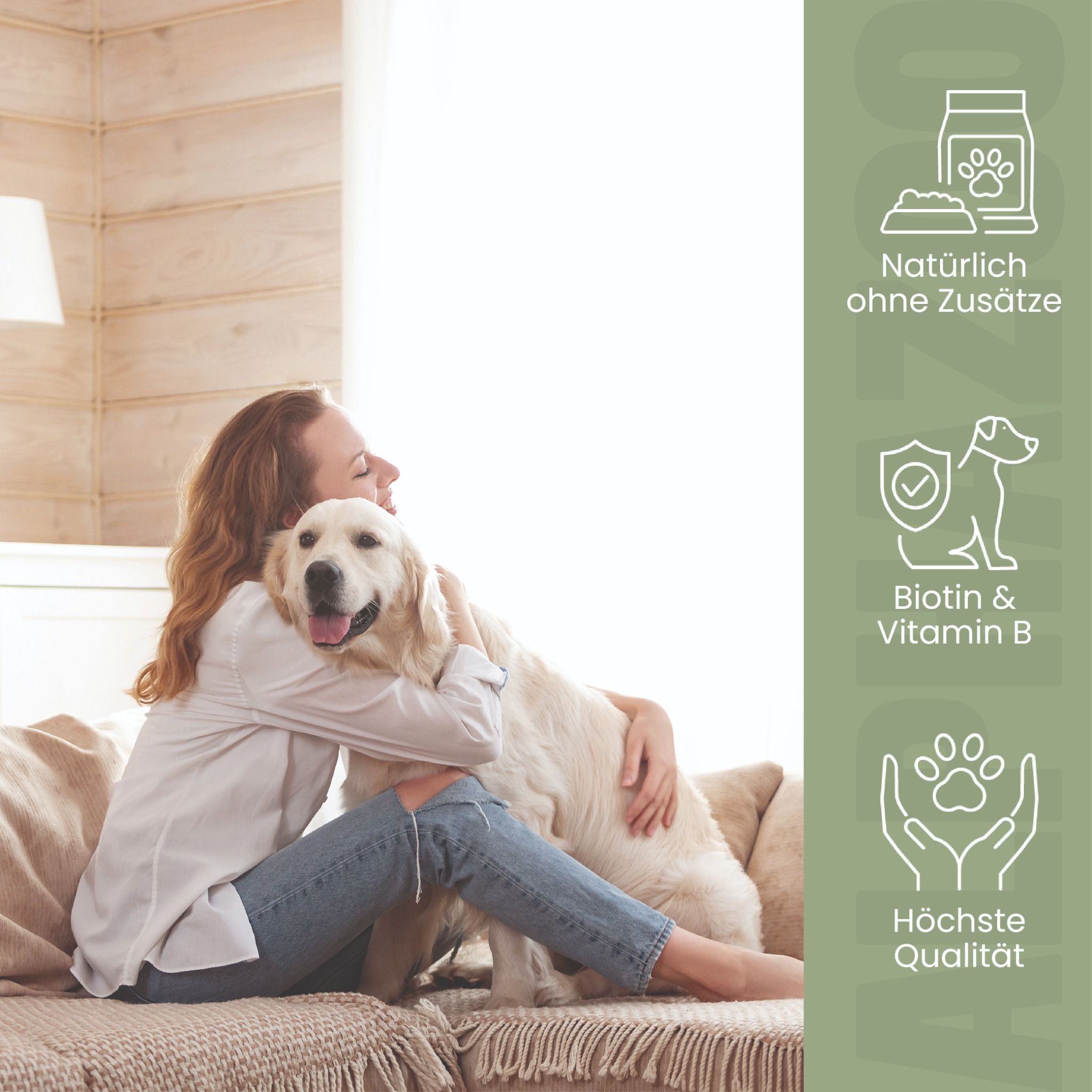 Frau umarmt Golden Retriever, Icons: Ohne Zusätze, Biotin & Vitamin B, Höchste Qualität.