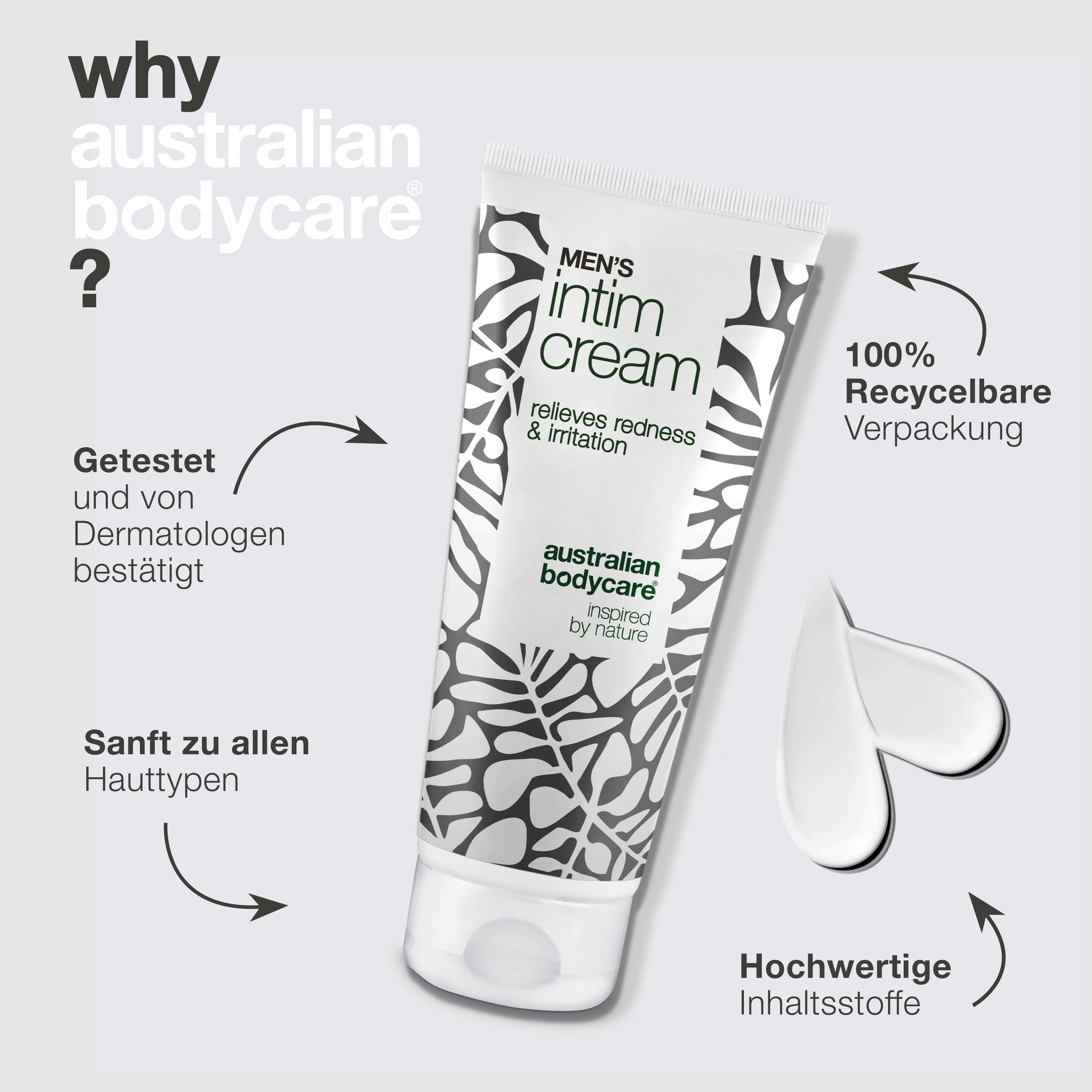 Tube Intimcreme für Männer. Text: Men's Intim Cream, Australian Bodycare. Vorteile: dermatologisch getestet, recycelbar.