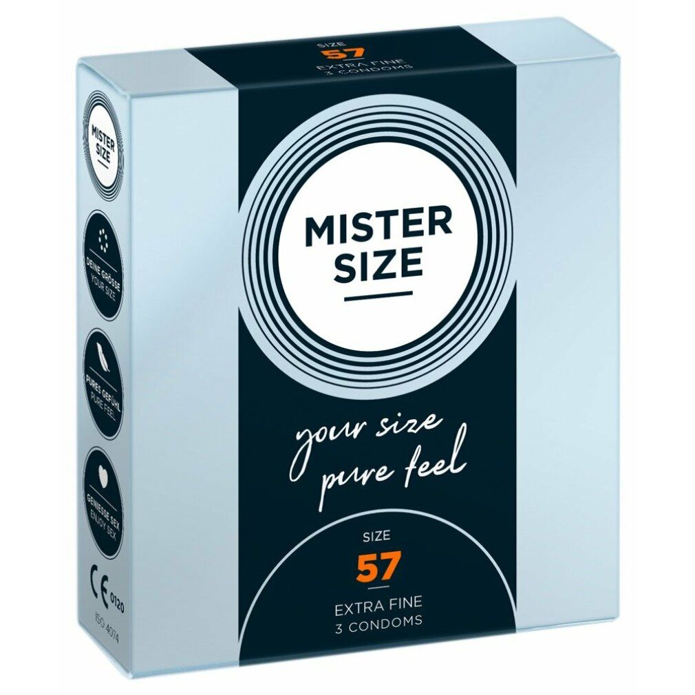 Weiße Schachtel mit Produktinformationen. Aufschrift: MISTER SIZE, SIZE 57, 3 Kondome. Text: your size pure feel. Extra Fine. CE-Kennzeichnung.