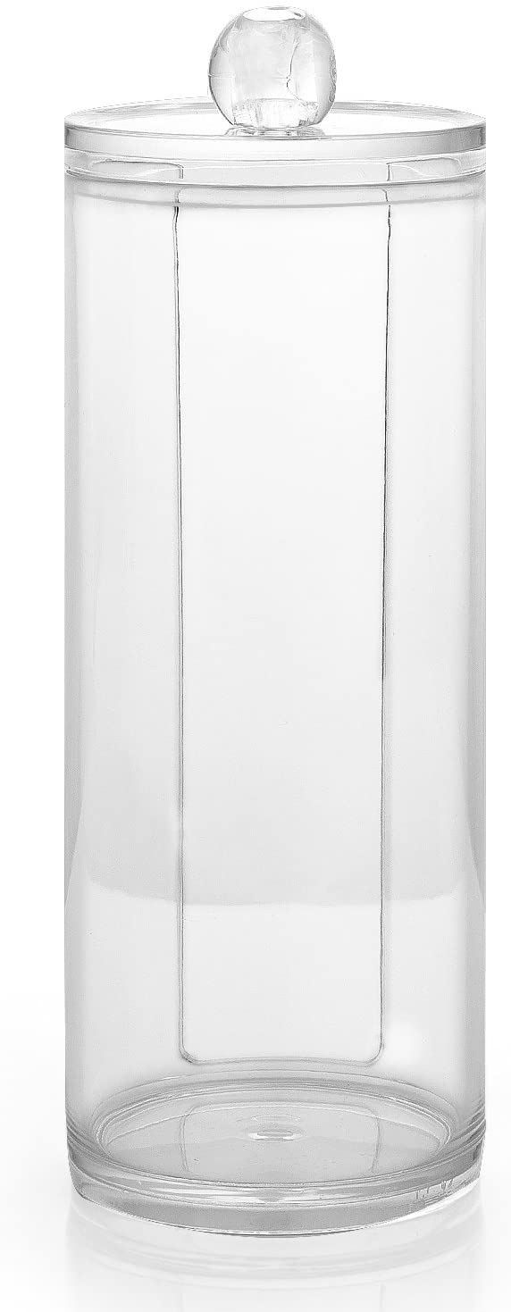 Transparenter Acrylbehälter für Wattestäbchen, zylindrisch, mit Deckel. Der Behälter ist leer.