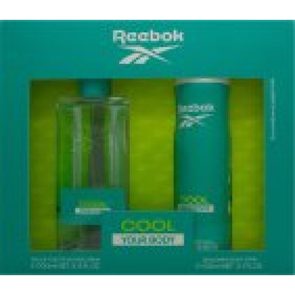 Reebok Cool Geschenkset. Enthält Eau de Toilette und Deodorant Spray in einer Geschenkbox. Türkis und Weiß. Text: COOL YOUR BODY.