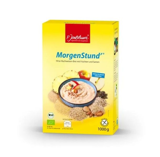 Gelbe Verpackung mit Produktabbildung. Aufschrift: MorgenStund'. Bio-Siegel und glutenfrei-Symbol.